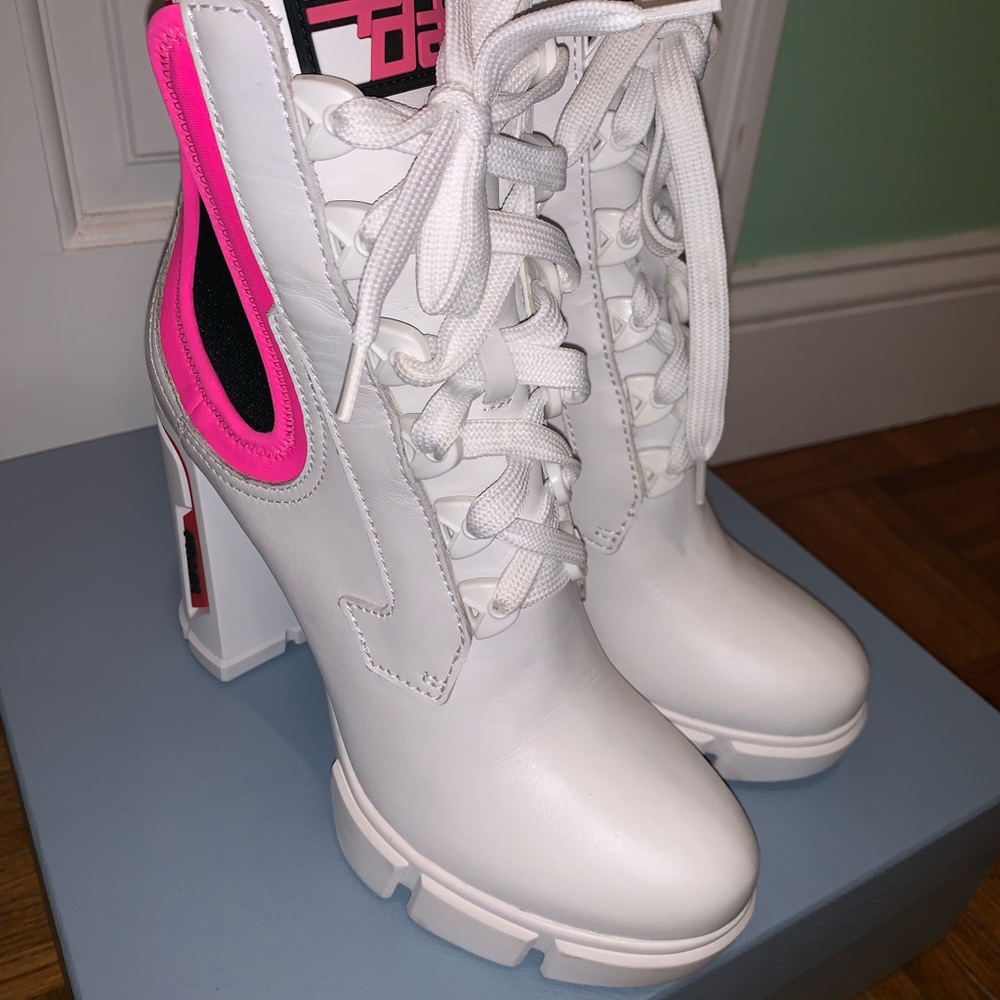 Prada White Lace-Up Platform Boots with Pink Accent